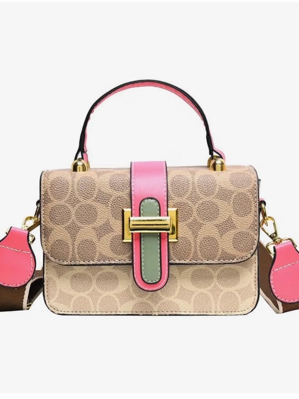 Inspired Canvas Crossbody Satchel in Beige with Pink Trim